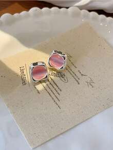 Oval Cat's Eye Silver Trim Stud Earrings Multi-Color Optional Soft Square Edge Polished Alloy Daily Commute Dating Jewelry - Rounded Square - View 3
