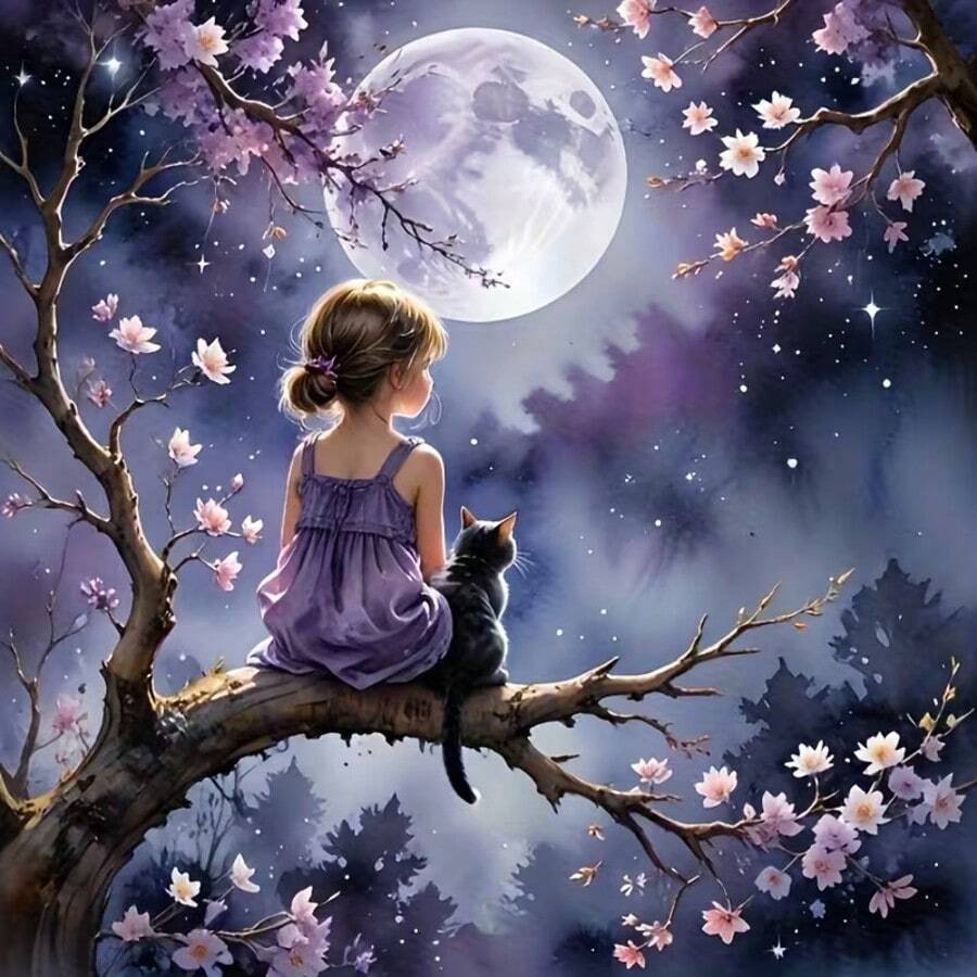 1pc [30*30cm/11.8*11.8in][40*40cm/15.7*15.7in]5D Acrylic Diamond Painting Kit, Little Girl Under Moonlight Pattern, Suitable For Adult Beginners DIY Mosaic Diamond Art, Full Drill Handmade Self-Design DIY Diamond Painting, Suitable For Living Room, Bedroom, Office Wall Decoration Hanging Painting, Surprise Home Decor Gift For Family And Friends - No Frame - View 1