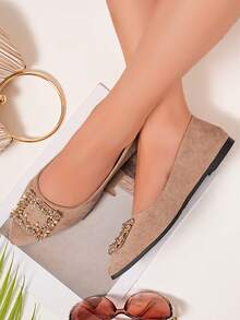 Runs Half Size Small, Women's Yellow Rhinestone Pointed Toe Almond Flat Shoes, Lightweight And Comfortable, Suitable For All Seasons - Apricot - View 4