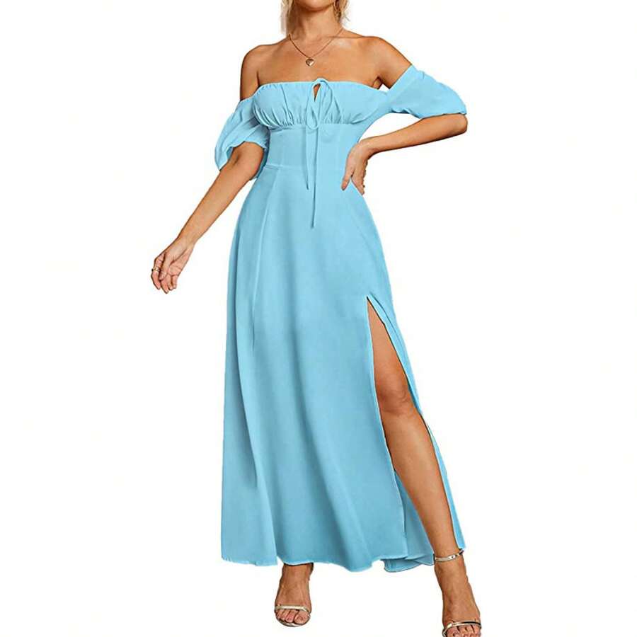 New Style Summer Dress With Puff Sleeves, Strapless, Solid Color, Short Sleeves And Slit At The Hem For Women. - 藍色 - 查看 1