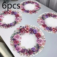 花卉圓形聚酯纖維餐墊 36*36cm,粉色百日菊與紫色玫瑰印花,防水耐熱可水洗,適用於餐桌裝飾與隔熱 - 彩色 - 查看 16