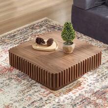 طاولة قهوة مربعة من خشب MDF بلون الجوز، 80 * 80 * 35 سم، مع قاعدة من الخشب الصلب المحفور يدويًا. طاولة قهوة حديثة وبسيطة لغرفة المعيشة. - بني - مشاهدة 3