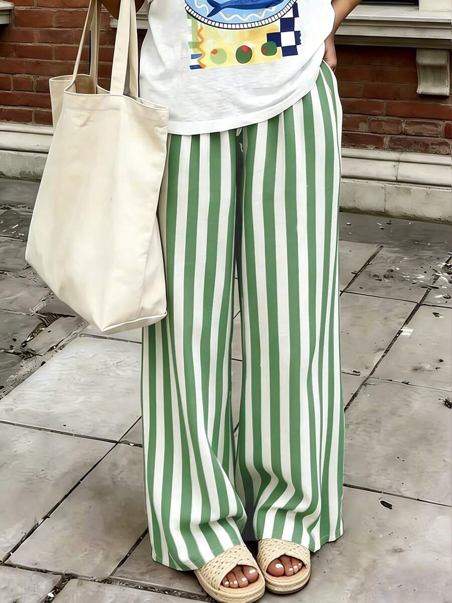 女款休閒長褲,秋季假期、春夏系列,街頭極簡復古四季穿搭,輕盈寬鬆版型,可單穿,波希米亞風,拼色條紋圖案,粉色條紋,口袋綁帶設計,舒適優雅浪漫都市時尚度假褲 - 白+綠 - 查看 1