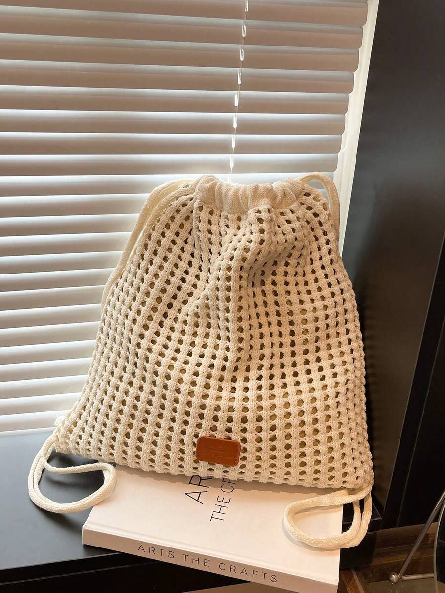 1件純色鏤空網格棉繩編織抽繩背包,休閒網袋,適合夏季海灘、運動、健身、日常通勤,女款 - 白色 - 查看 1