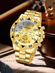 4PCS Men's Quartz Watch Bracelet Necklace Ring Jewelry Set, Business Casual Minimalist Three-Dial Watch, Suitable For Daily Wear, Party Decoration, Father's Day, Graduation Season And Various Festival Gifts For Friends And Father - Gold - View 2