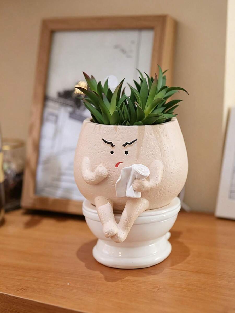 趣味馬桶造型人臉花盆,室內植物用可愛人頭花盆,搞怪多肉植物盆栽,適合居家、辦公室、聖誕禮物,適用室內/室外溫室架、桌面裝飾、小植物架,迷人家居園藝裝飾花盆 - B - 查看 1