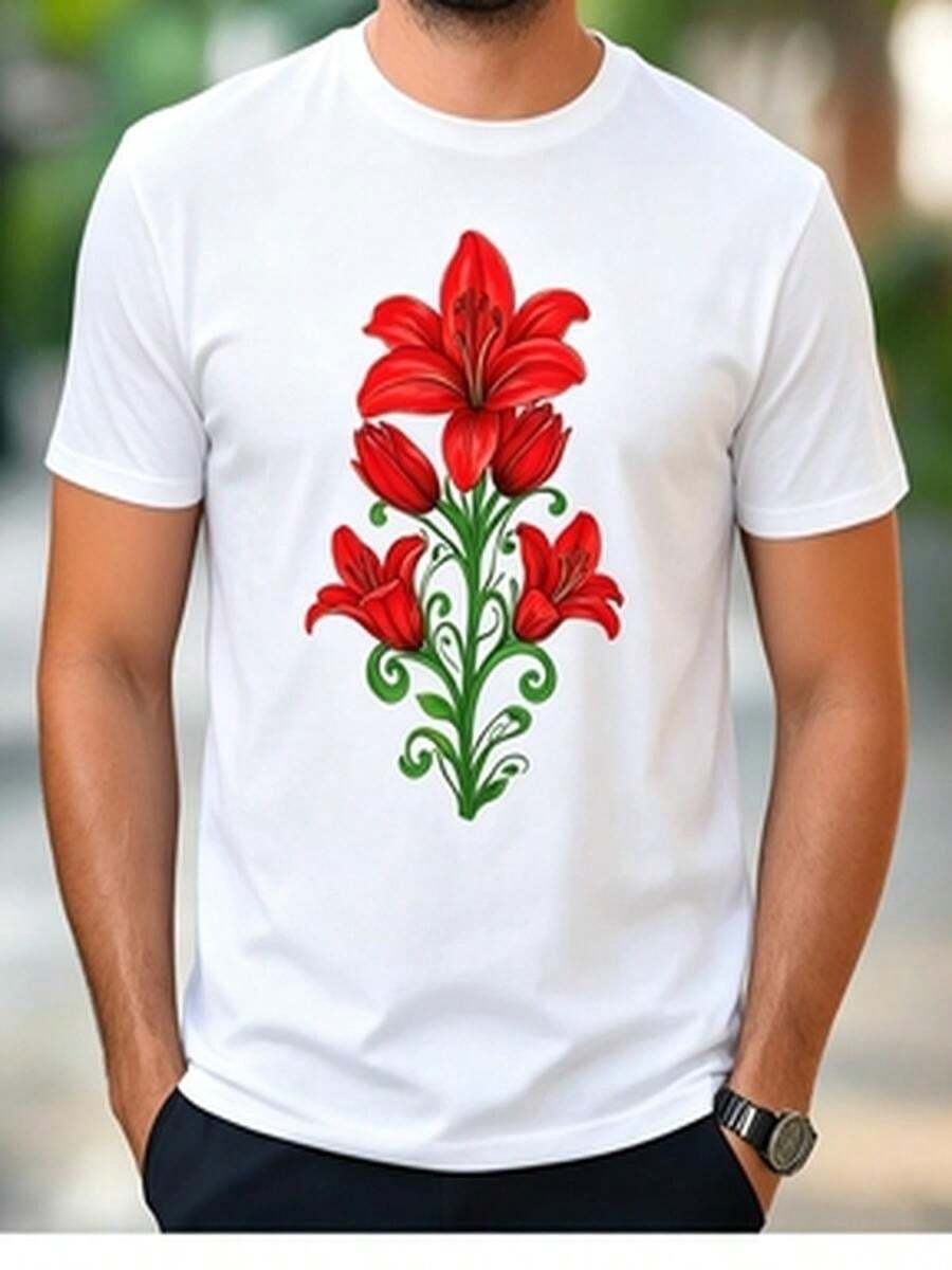 Men's Soft Breathable Black T-Shirt With Red Lily Print Painted With Decorative Spiral Stems, Loose Fit Ideal For Smart Casual Look And Everyday Wear With An Artistic Style - 白色 - 查看 1