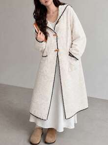 Women's Casual Contrast Color Trim Hooded Cardigan Sweater Coat, Long Style For Winter Fall - Oatmeal - View 4