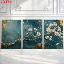 3 Pieces 2D Flat- Three Panels With Blue Backgrounds Gold Accents And White Cherry Blossoms Themed Canvas Wall Art, Waterproof Canvas Prints Ready To Hang, Home Room Decor Gifts For Father's Day, Graduation, Birthday - Framed - View 1