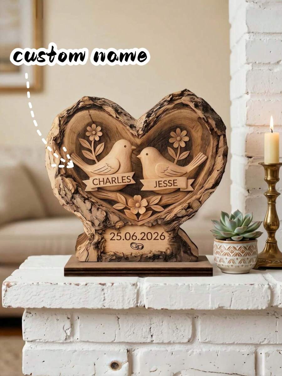 Personalisierte Holzfigur mit Namen, personalisiertes Verlobungs- und Hochzeitsgeschenk, Herz-Holzschnitzerei Statue für das Wohnzimmer
