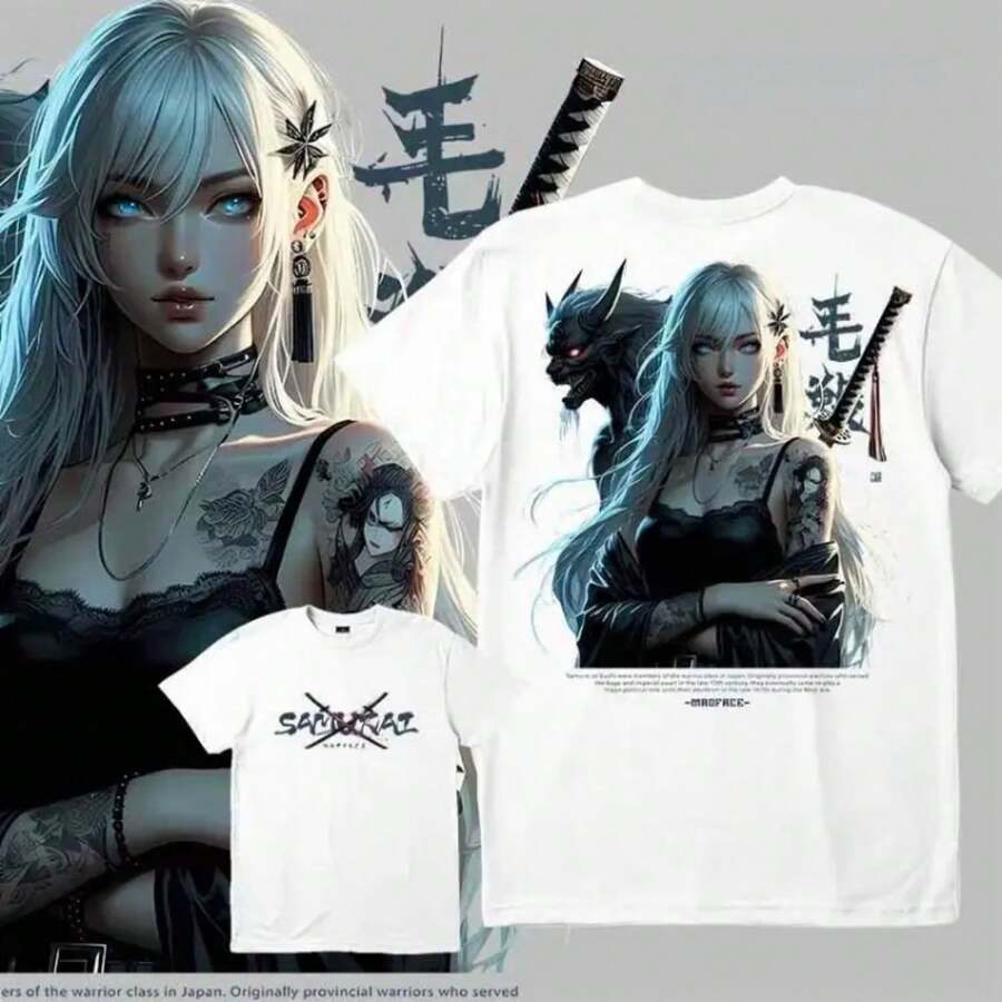 Unisex Black T-Shirt 100% Unwashed Cotton, A320 Geisha Design With Hannya Mask, Anime And Samurai Style, Streetwear Aesthetic Fashion, Casual Wear For Men And Women, Perfect For Use - 藍色和黑色 - 查看 1