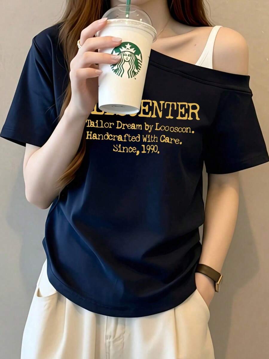 海軍藍不對稱肩短袖T恤,夏季新款美式辣妹風 LBSC 字母印花寬鬆休閒上衣度假款 - 藏青色 - 查看 1