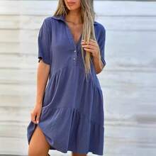 Ropa femenina transfronteriza de estilo europeo y americano, vestido casual de manga corta de algodón y lino, de corte holgado, color liso y con cuello vuelto. - Rosa Fucsia - Ver 4