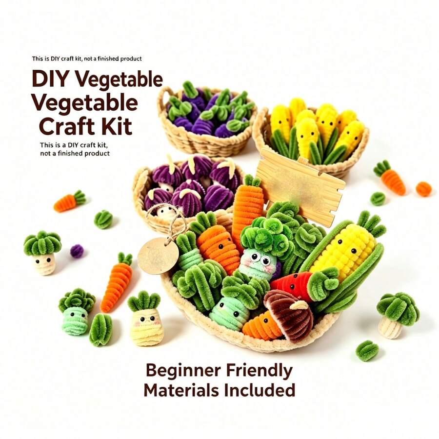 Un juego de tallos de chenilla de verduras en una cesta, kit de manualidades DIY con limpiapipas, con ojos negros, para proyectos artísticos y creativos de artesanía DIY, se puede usar para decoración de escritorio y hogar después de completarlo - Una cesta de verduras - Ver 1