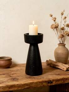 1pc Black Textured Pillar Candle Holders, Rustic Wabi Sabi Decorative Candlestick For Dining Table Fireplace Mantel Home Decor, Housewarming Gift - Black - View 4