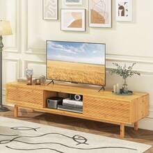 Modern TV Console Table For 65" 70" TVs Bamboo TV Stand With Sliding Doors Entertainment Center For Living Room - Khaki - View 4