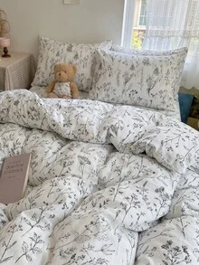 Juego de ropa de cama con funda nórdica de 2/3 piezas con patrón de flores silvestres de línea blanca, suave, transpirable y resistente a las arrugas, ayuda a dormir, estilo de hotel de lujo, regalo para padres y amigos, funda nórdica reversible*1 funda de almohada*1/2, tamaño King/Queen/Full/Twin - Blanco y Negro - Ver 4