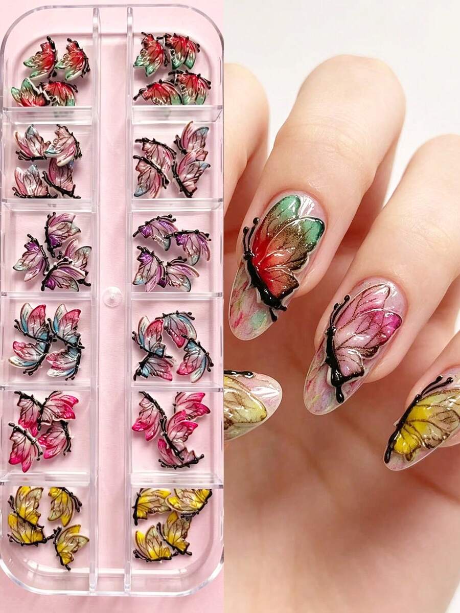 12 Rejillas de Encantos de Uñas Mariposa 3D, Joyería de Uñas Mariposa con Alas Transparentes Degradadas, Suministros de Decoración de Arte de Uñas Mariposa Multicolor Mini para Uñas de Acrílico y Gel DIY Diseño de Manicura, Accesorios de Uñas de Salón Adornos Artesanales para Mujeres y Niñas - Multicolor - Ver 1