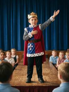 4 piezas Disfraz de Rey Medieval para Niños: Túnica + Corona + Capa + Pantalones, Adecuado para Actuaciones Escolares y Temas Históricos - Multicolor - Ver 9