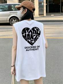 Women's Fashionable Summer Loose Casual Versatile Letter & Heart Print Tank Top White - White - View 4