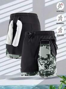 Men's Sports Shorts, Black Minimalist With Camouflage Hem, 2 In 1 Design + Waist Drawstring, Comfortable And Non-Clinging, Perfect For Fitness, Running, Training, Slightly Stretchy Fabric Without Restriction, First Choice For Summer Sports Style, Essential For Outdoor Activities And Gym Workouts. - Black - View 1
