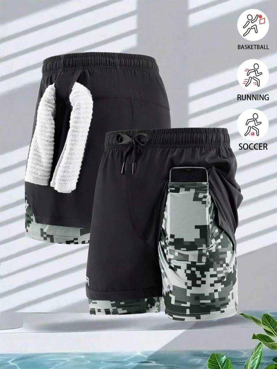 Men's Sports Shorts, Black Minimalist With Camouflage Hem, 2 In 1 Design + Waist Drawstring, Comfortable And Non-Clinging, Perfect For Fitness, Running, Training, Slightly Stretchy Fabric Without Restriction, First Choice For Summer Sports Style, Essential For Outdoor Activities And Gym Workouts. - Black - View 1