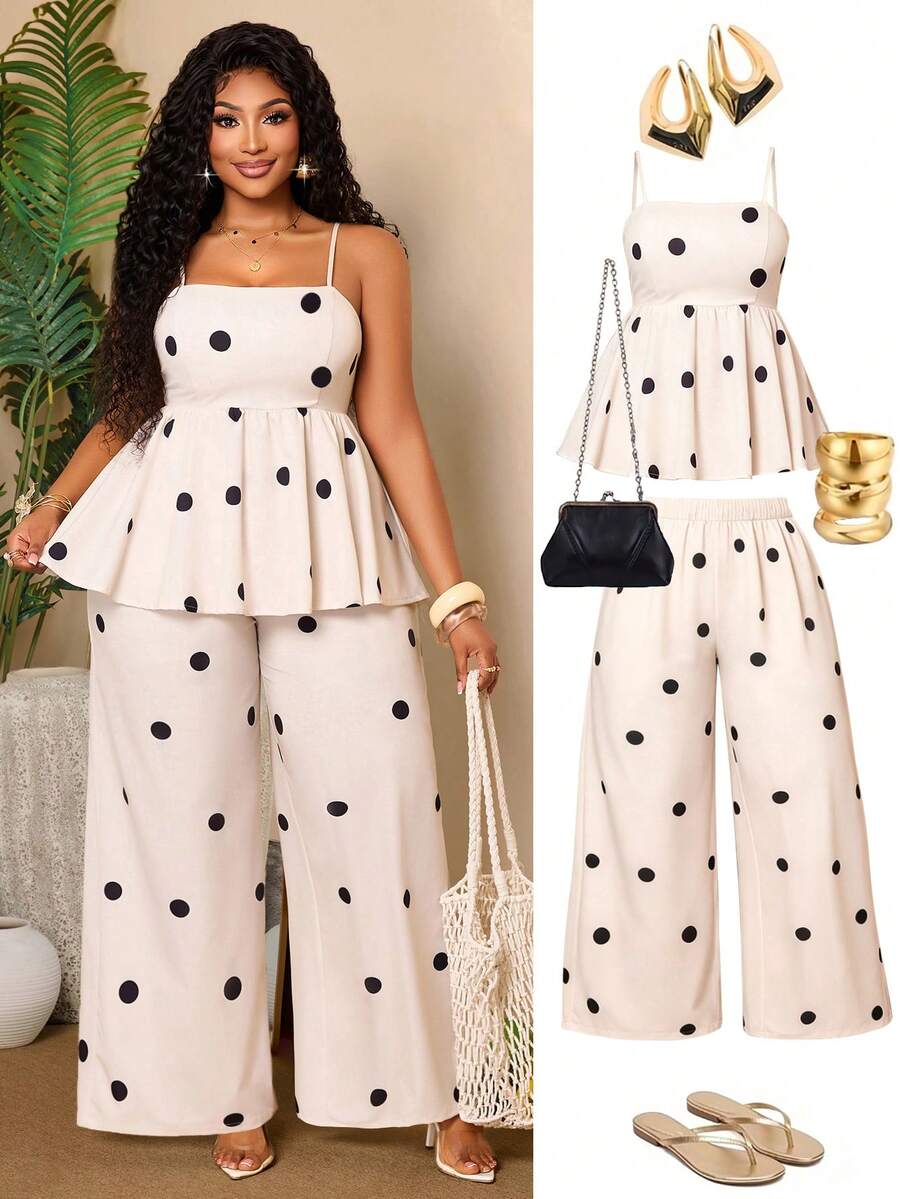 BIUBIU Setelan 2 Potong Motif Polkadot untuk Wanita Ukuran Plus, Atasan Ruffle Tanpa Punggung dengan Tali Bahu Tipis dan Celana Panjang Lebar, Pakaian Liburan Kasual - Krem - View 1