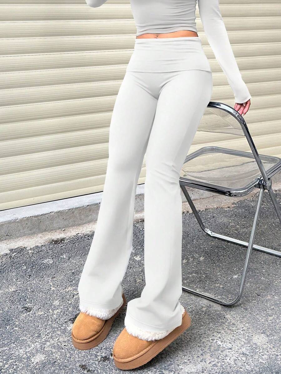 Pantalones acampanados de cintura ancha de unicolor casual para mujer, leggings delgados de cintura alta con pliegues, primavera negro - Blanco - Ver 1
