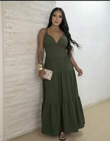 Women's Duna Ruffled Maxi Dress With Built-In Bra - Elegance, Lightness And Perfect Drape. - Verde militar - Ver 2
