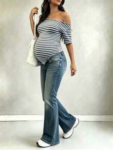 Parara Maternity Bodysuit, Asymmetric Neckline, Short Sleeve, High Stretch Fabric, Open Back Design Summer - Blue - View 4