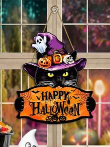 1 Set Halloween Door Decor - Witch Hat, Black Cat And Happy Halloween Banner - Indoor/Outdoor Hanging Decoration - Suitable For Halloween Party, Home Decor Or Gift - Vintage Halloween Door Decor - Multicolor - View 6