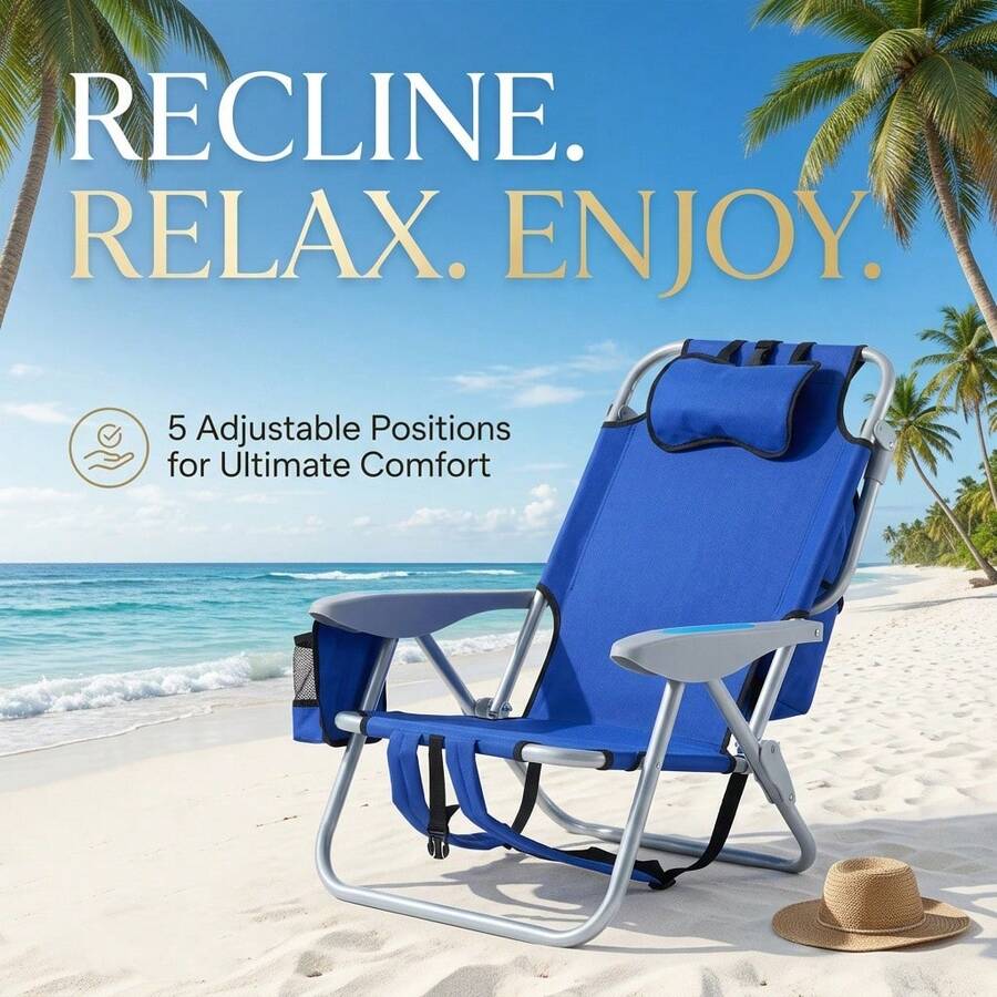 AORAN Portable And Foldable Backpack-Style Beach Chair With 5 Adjustable Tilt Angles. It Comes With A Cup Holder, Headrest, And Towel Rack. It Is Strong And Suitable For Beaches, Camping, And Outdoor Activities. Available In 3 Colors - Dark Blue Beach Chair - View 1