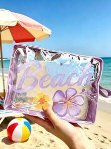 彩色透明化妝包－文具收納袋－印有 BEACH 字樣與花朵，防水透明旅行盥洗包附拉鍊，便攜式化妝收納袋，適合女性，可收納化妝品、盥洗用品與旅行必需品，適用於日常使用、度假、出差、健身、海灘，適合學生、旅行者與美容愛好者，適合夏季假期、生日與伴娘禮物，返校季禮物 - 彩色 - 查看 3