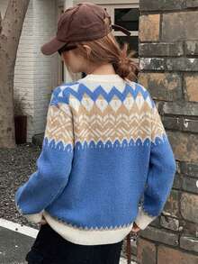 1pc Tween Girls Casual Loose Korean Style Gradient Pattern Comfortable Long Sleeve Sweater For Daily Wear And Commute - Blue - View 3