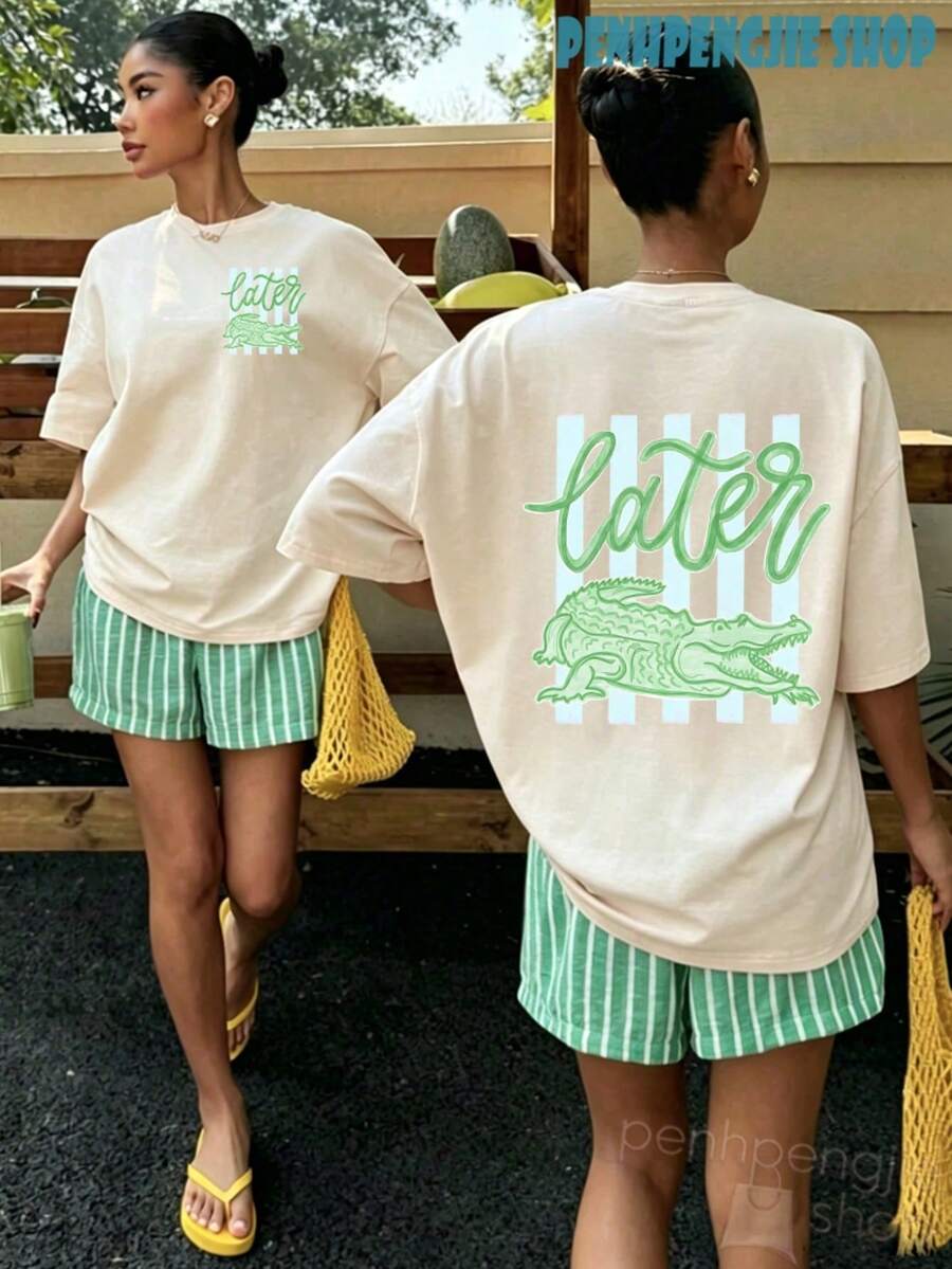 Women's Later Gator Funny Pun Cute Crocodile Casual Oversized Graphic Tee, Last Day Of School, 4th Of July, Vacation, Summer Tops, Teacher Outfits - 白色 - 查看 1