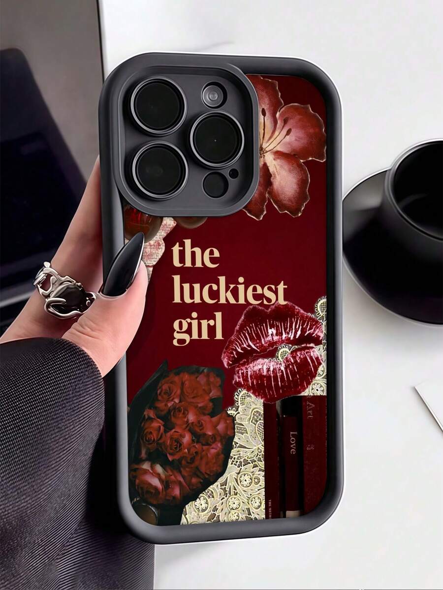 1 buah Casing Ponsel TPU Tahan Guncangan Minimalis Hitam Vintage Motif Bibir Merah Mawar, Kompatibel dengan Apple 17 16 15 14 13 12 11 Pro Max Air dan Seri Lainnya