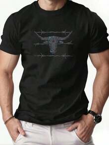 Camiseta de Manga Corta con Gráfico de Cabeza de Toro y Alambre de Espinas.Diseño Transpirable y Ajuste Regular, Ideal para un Atuendo Casual de Verano. - Negro - Ver 1
