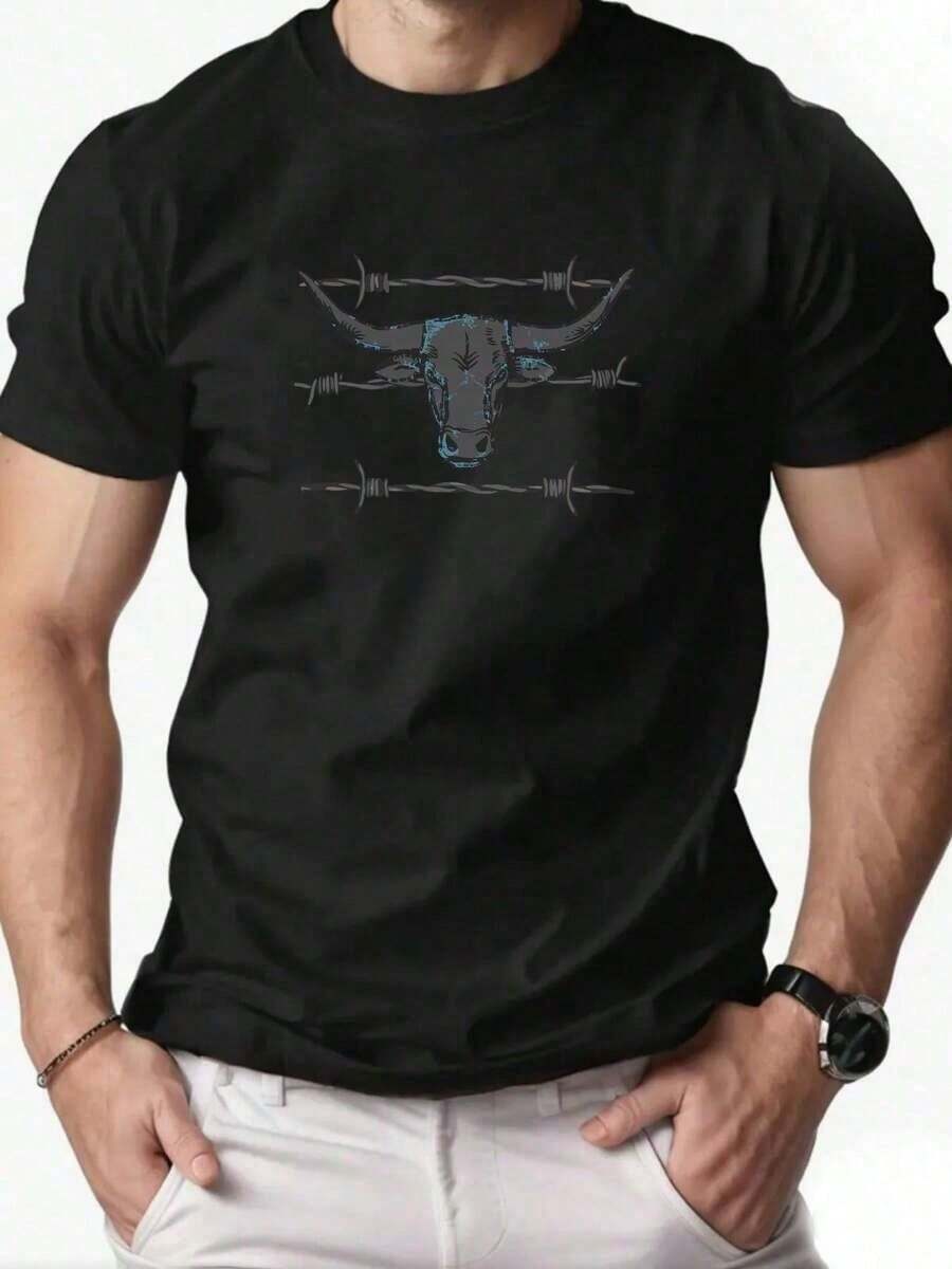 Camiseta de Manga Corta con Gráfico de Cabeza de Toro y Alambre de Espinas.Diseño Transpirable y Ajuste Regular, Ideal para un Atuendo Casual de Verano. - Negro - Ver 1
