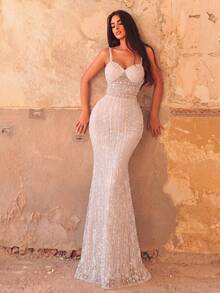 Faeriesty Elegant Women's Long Sequin Mermaid Formal Gown With Beaded Spaghetti Strap And Cup Details, Suitable For Romantic Evening Party Wedding Fall - Apricot - View 5
