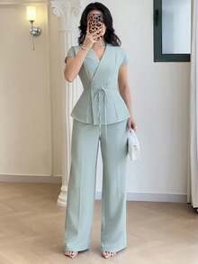 Nuevo conjunto elegante y casual de estilo coreano con mangas cortas y cintura ceñida, versátil para el trabajo y el uso diario - verde menta - Ver 1