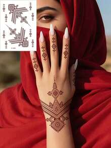 4張海娜臨時紋身貼 防水棕色 Mehndi 手部紋身貼 簡單紅色海娜紋身貼紙 適用於女性化妝、齋月、情人節、婚禮派對、節慶必備穆斯林 Abaya 配件 - 棕色 - 查看 5