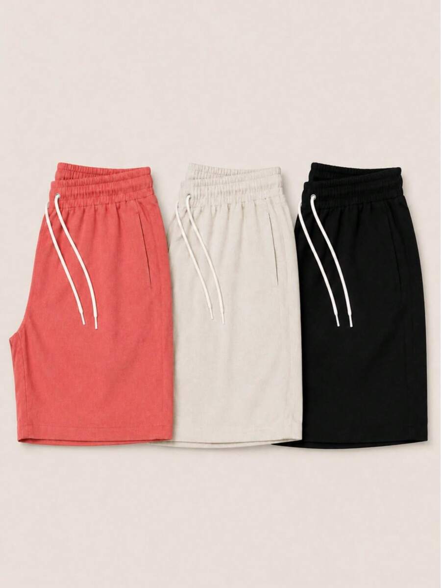 Kit 3 Premium Linen Shorts Bermuda Mauricinho Men's Casual Basic Comfortable Drawstring Waist - 珊瑚粉 - 查看 1