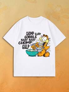 SHEIN | Garfield 女款復古美食愛好者卡通圖案寬鬆大號T恤，休閒基礎短袖上衣，適合女孩晚餐約會與週末休閒穿著 - 白色 - 查看 1