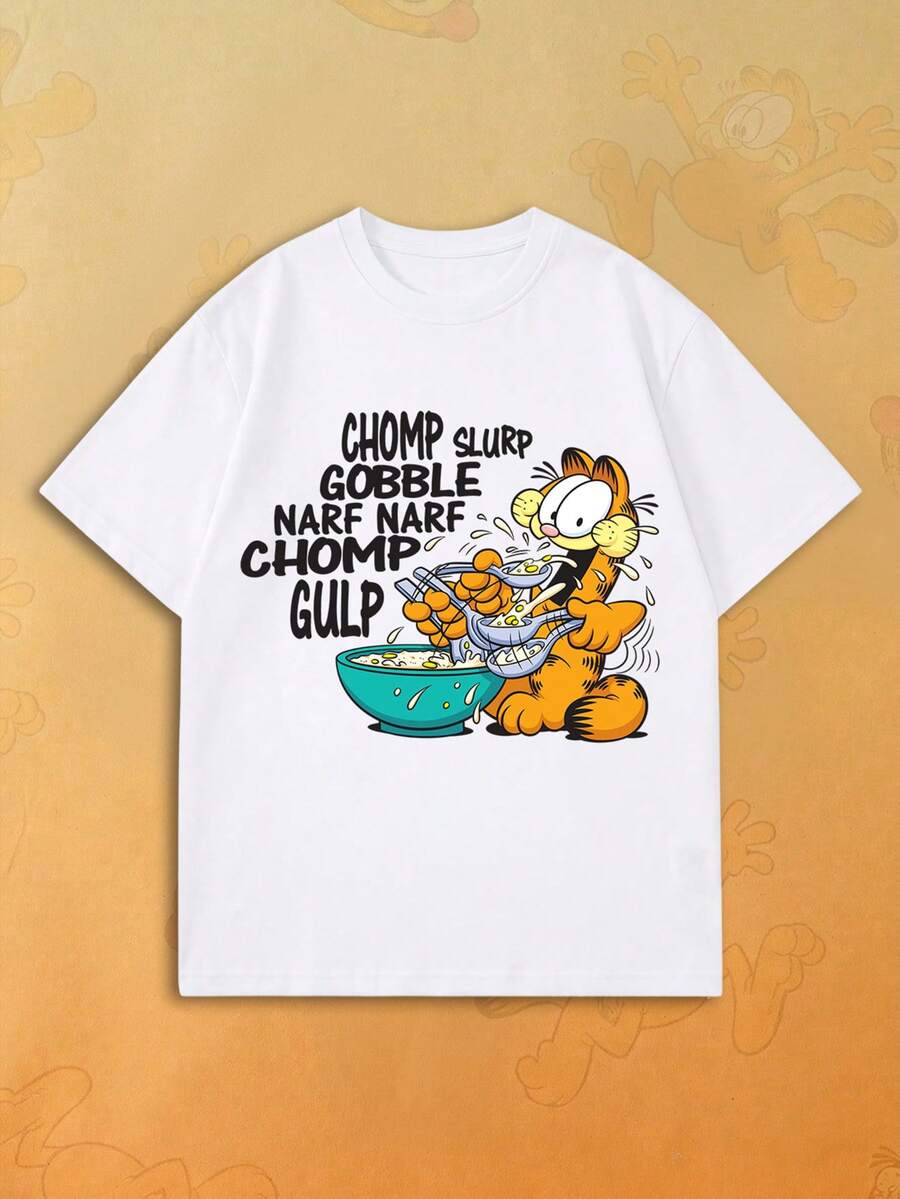 SHEIN | Garfield 女款復古美食愛好者卡通圖案寬鬆大號T恤,休閒基礎短袖上衣,適合女孩晚餐約會與週末休閒穿著 - 白色 - 查看 1
