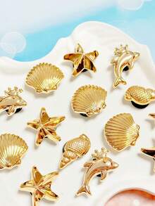 20件金色海洋系列鞋飾（海星、棕櫚樹、貝殼、海螺、愛心），適用於穿孔拖鞋DIY裝飾配件，生日派對與節日禮物首選 - 金 色 - 查看 8