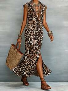 HUTENER Women's Leopard Print Colorblock Sleeveless Dress With Long Pants, Spring/Autumn Brown Vacation Elegant Summer - Brown - View 4