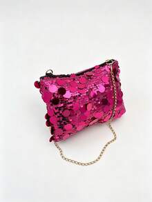 Fashion Colorful Sequin Rectangular Women's Bag New Style Personalized Versatile Zippered Crossbody Bag Niche Design Chain Evening Bag Due To Lighting And Angle, Actual Product May Have Slight Color Difference From Image Lightweight Mini Bag, Chain Bag, Handbag, Bucket Bag, Suitable For Girls, Students And Working Women, Applicable For Office, Campus, Daily Commute, Outdoor Activities, Travel And Sightseeing, Made Of High-Quality Material - Hot Pink - View 8