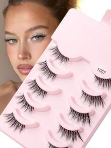 5 Pairs Half Eyelashes With Transparent Stem, Tapered Tail, Fine Eye Extension, Suitable For Girls' Daily Light Makeup - Black - View 1
