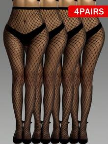 4雙女款鏤空時尚魚網哥德風褲襪，適合日常穿著 - 黑色 - 查看 7