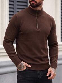 Men's Brown Half-Zip Half-High Neck Sweater, Solid Color Knit Casual Autumn/Winter Mature Business Base Layer Long Sleeve Top - Brown - View 3